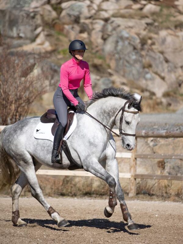 Stierna Halo Technical Base Layer in Wild Berry with rider and grey horse cantering